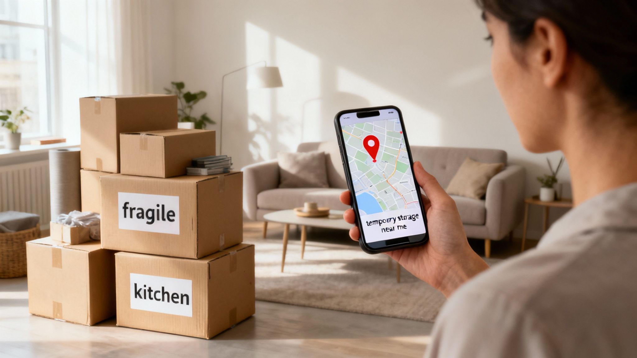 Temporary storage near me: Smart storage solutions 1 A woman holds a smartphone displaying a map with a red pin and a search for "temporary storage near me" next to moving boxes.