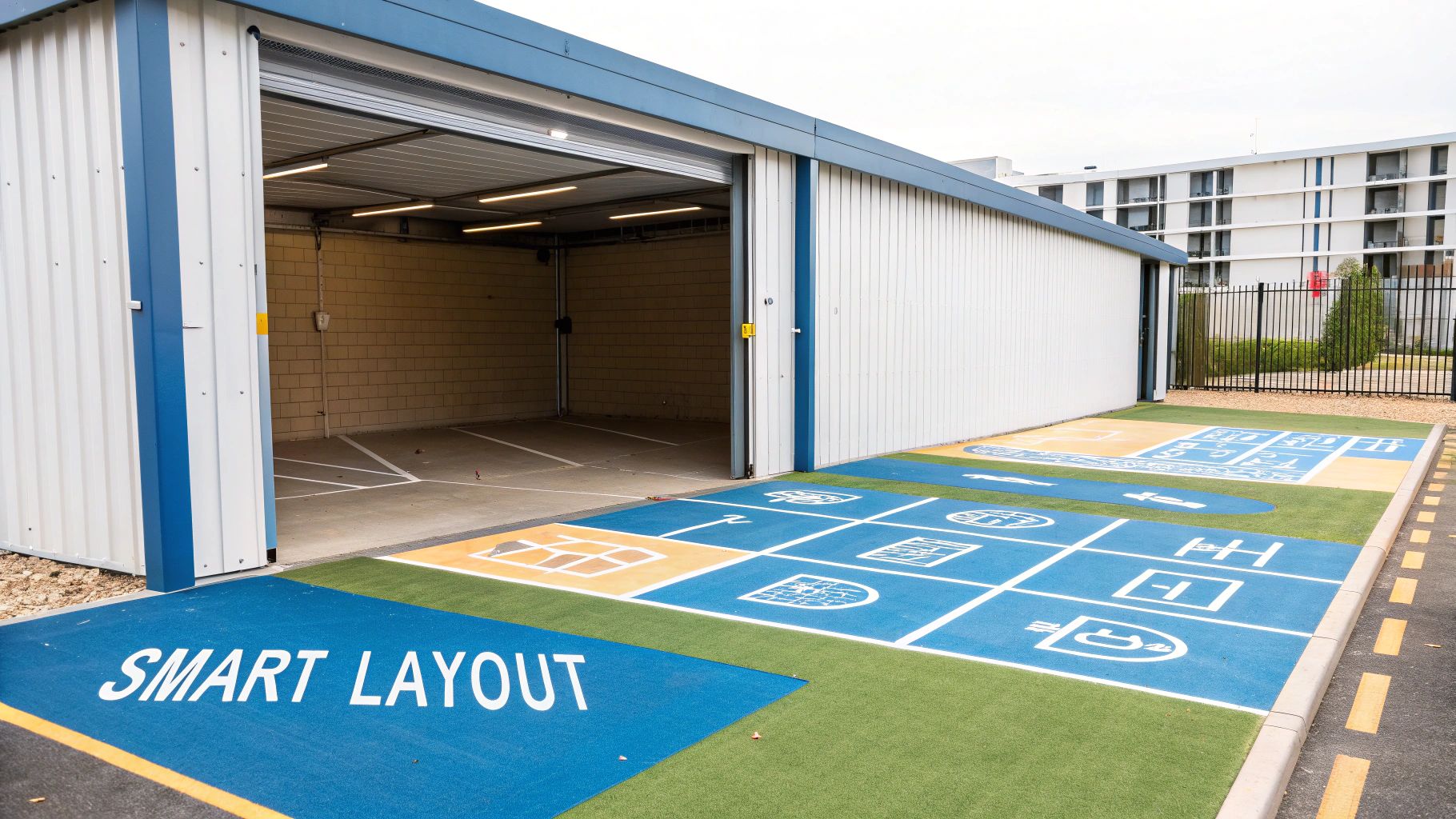 Modern self-storage facility under a clear blue sky