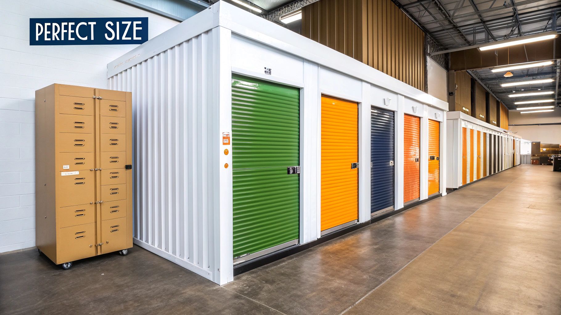 A well-organised self-storage unit with stacked boxes and clearly labelled items.