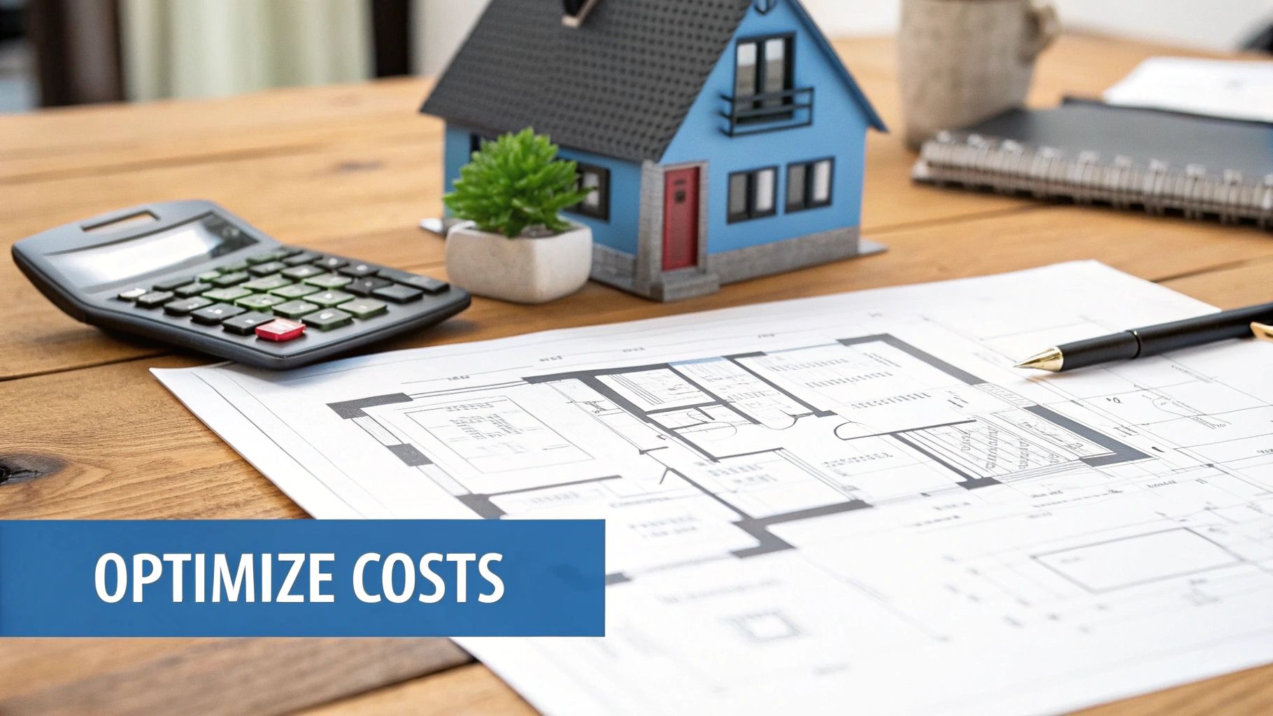 A desk with a calculator, a house model, blueprints, and text 'OPTIMIZE COSTS' for construction planning.