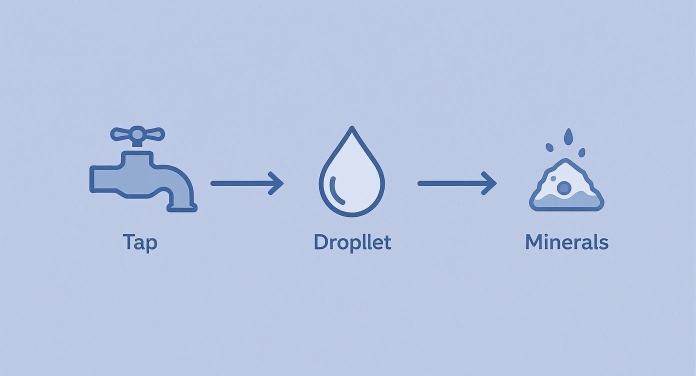 Diagram showing a tap, an arrow, a water droplet, another arrow, and a pile of minerals.