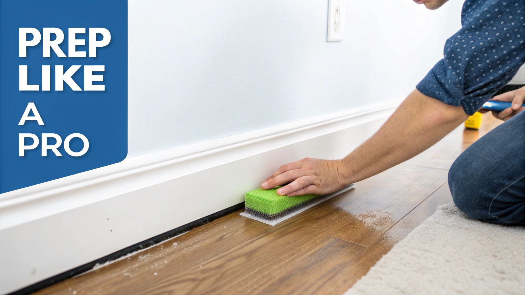 A person carefully sanding a wooden window frame before painting.