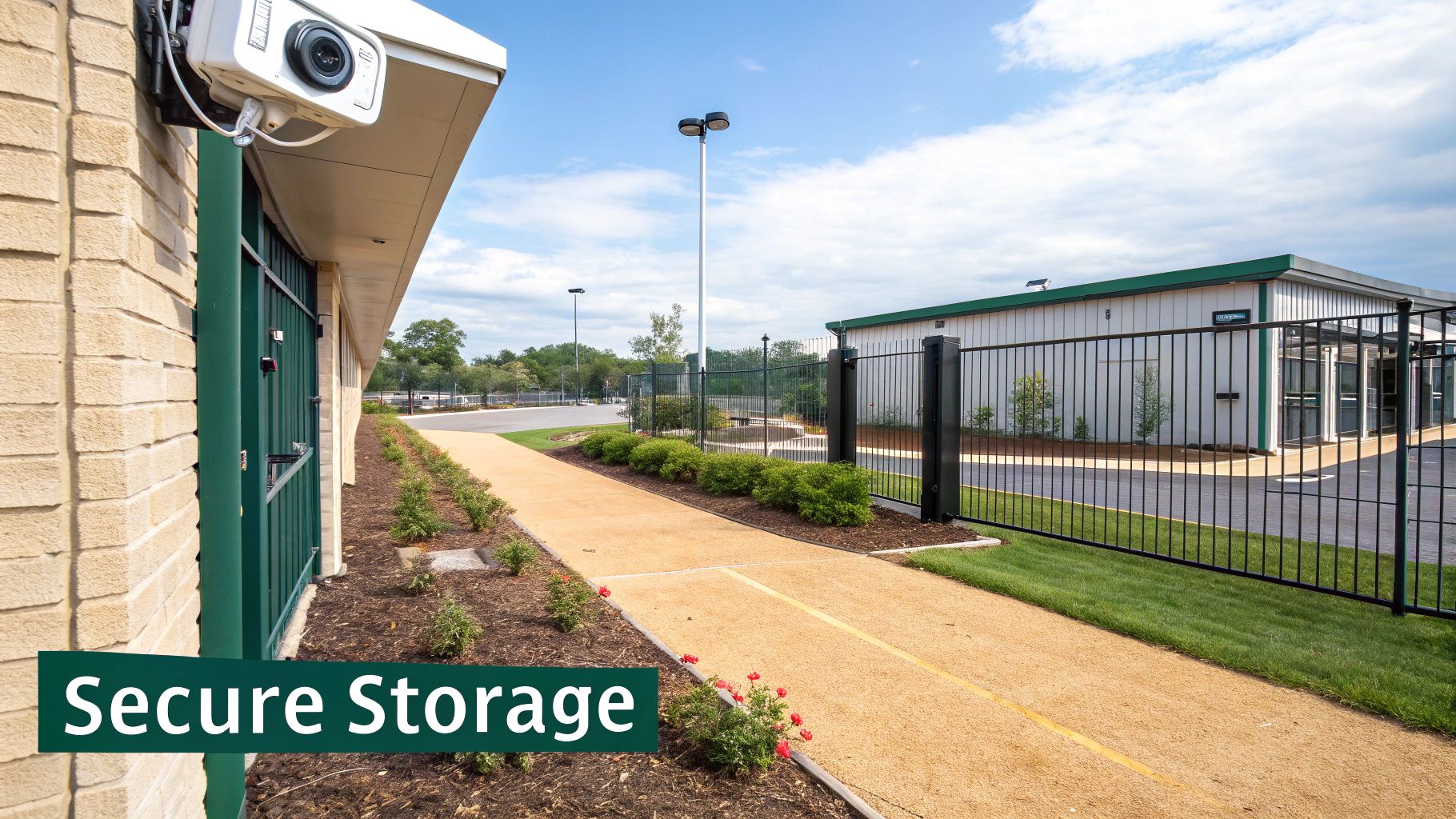 Exterior view of a secure self-storage facility featuring a security camera and fenced perimeter.