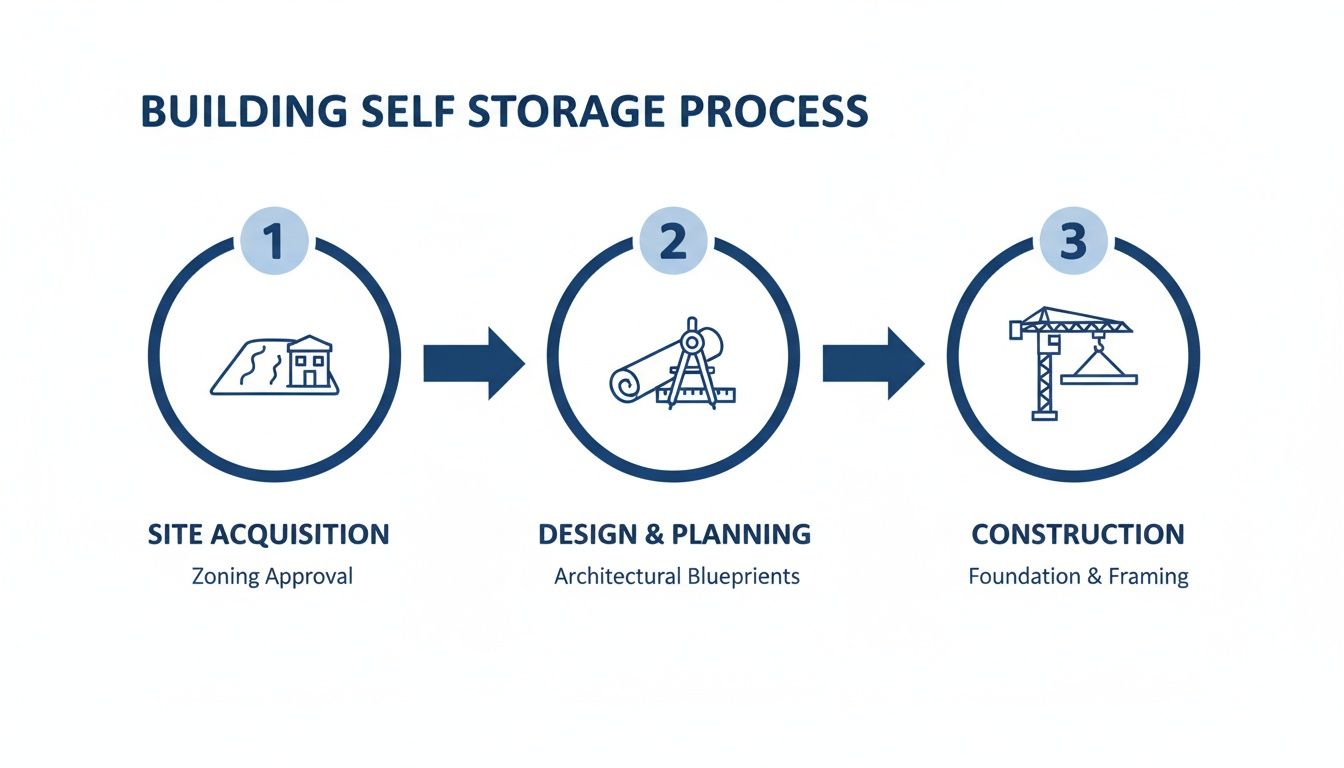 Infographic showing the three-step process for building self-storage facilities: site acquisition, design, and construction.