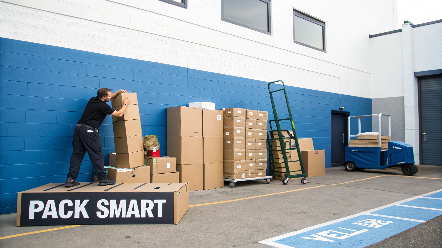 A man stacks brown cardboard boxes on a large 'PACK SMART' box outside a building.