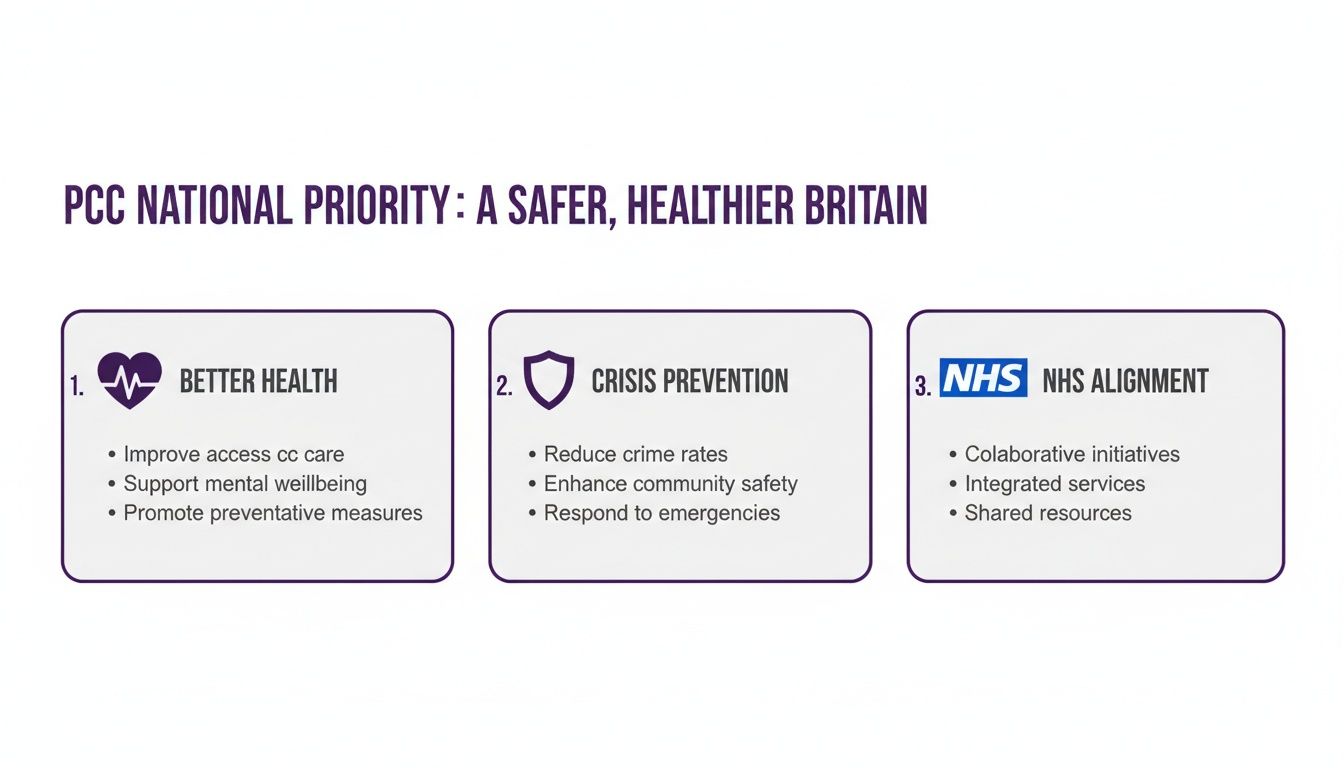 PCC National Priority: A Safer, Healthier Britain, outlining objectives for health, crisis prevention, and NHS alignment.