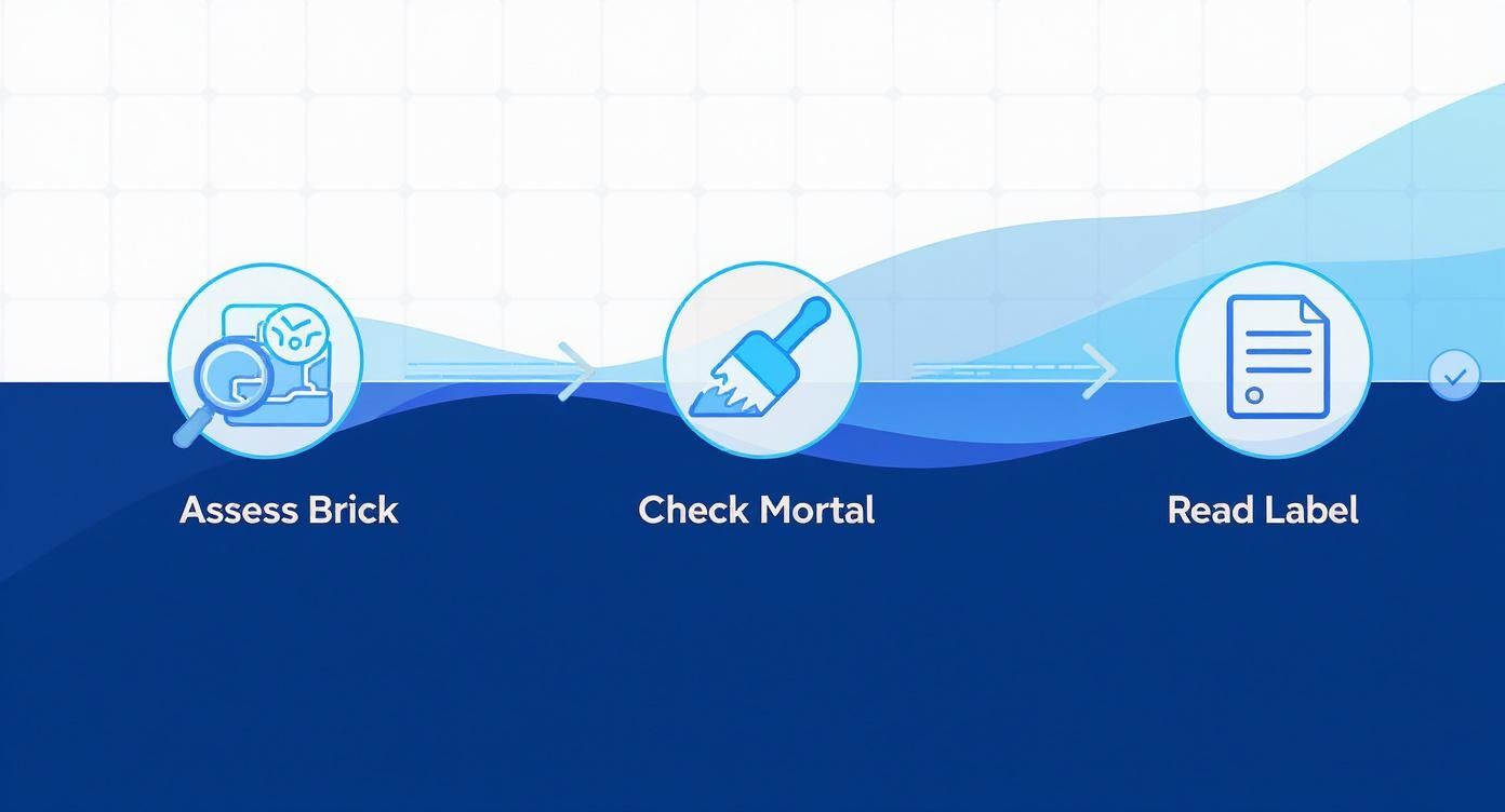 Three step process diagram showing assess brick, check mortar, and read label stages for waterproofing
