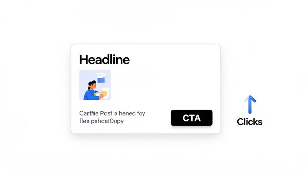 A white card displaying a headline, an illustration, description, and CTA button, next to an arrow indicating clicks.