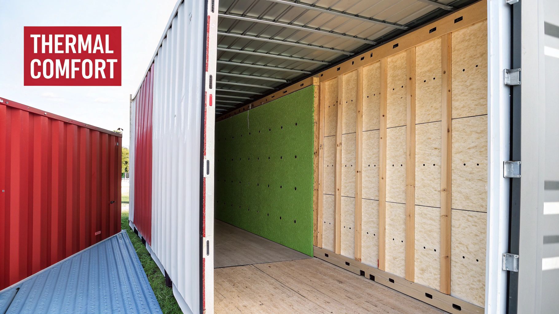 A partially insulated shipping container showing yellow spray foam on the walls and ceiling.