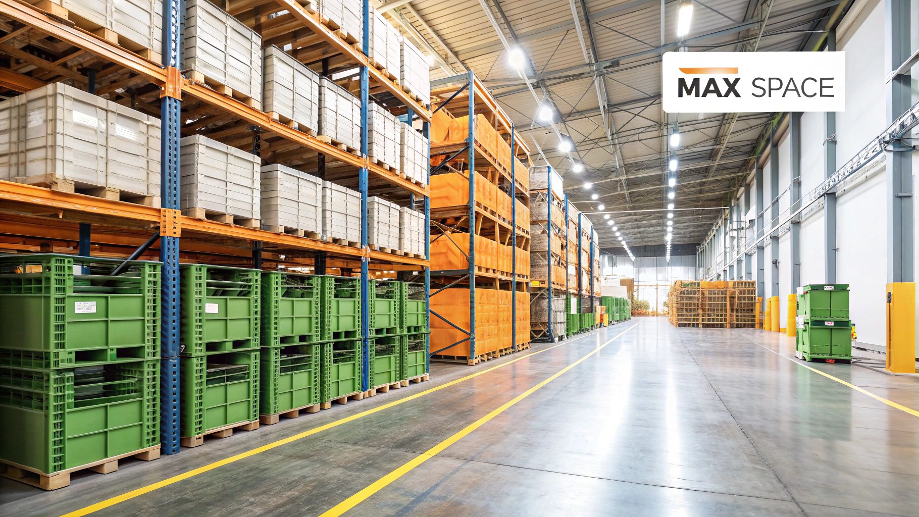 Large, spacious storage unit with a high ceiling, ready for storage.