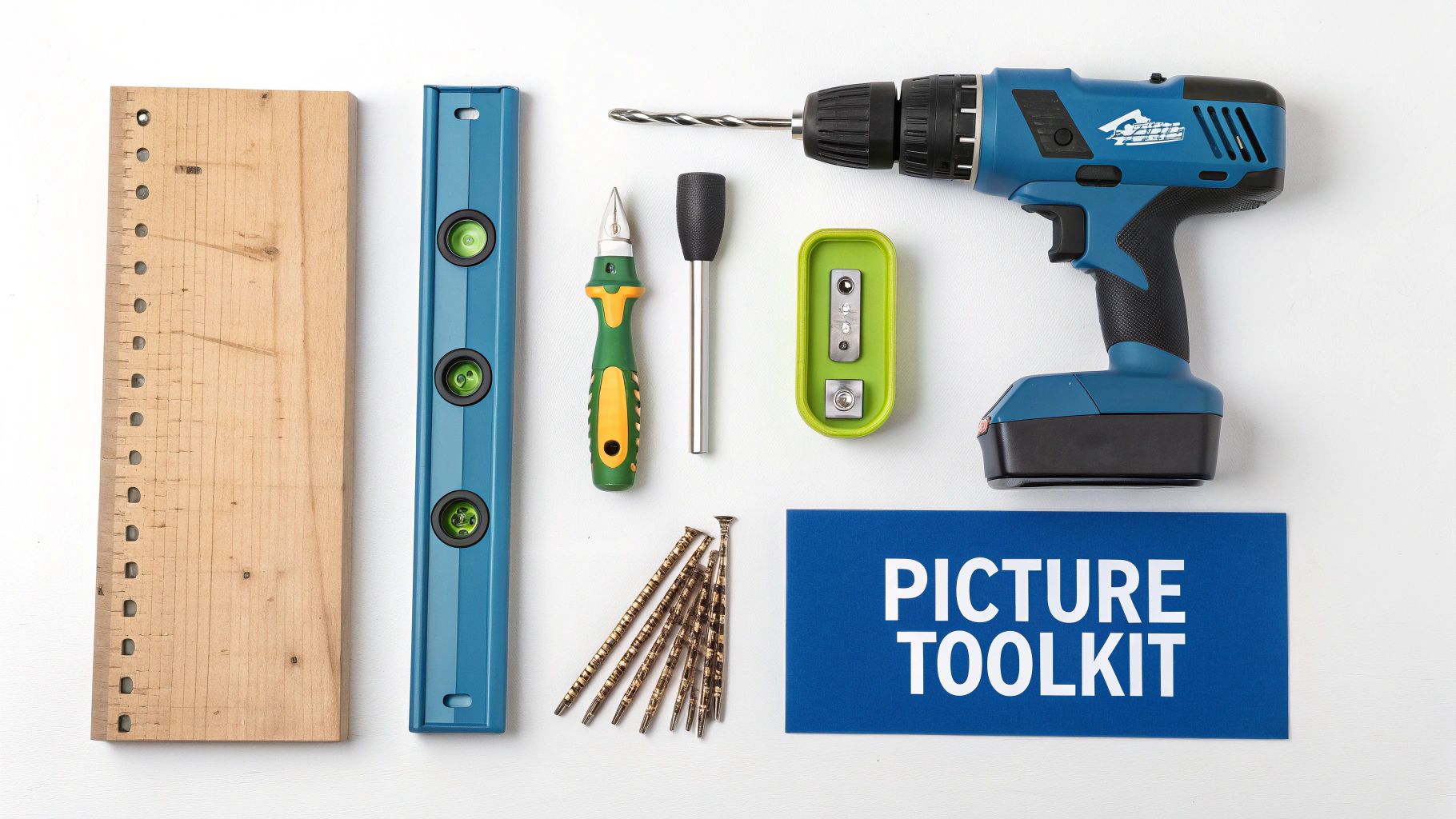A collection of picture hanging tools including a hammer, spirit level, and tape measure laid out on a wooden surface.