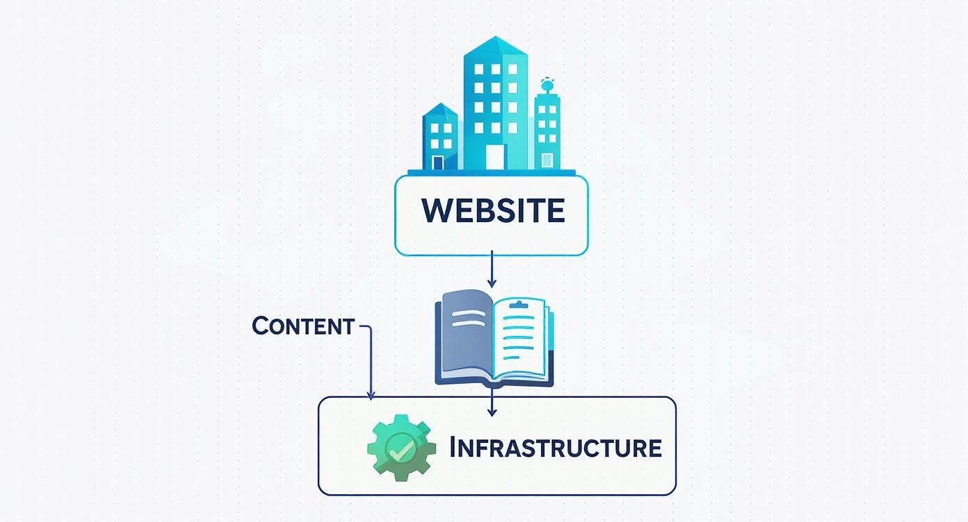A flowchart illustrating how website content flows into and is supported by infrastructure.