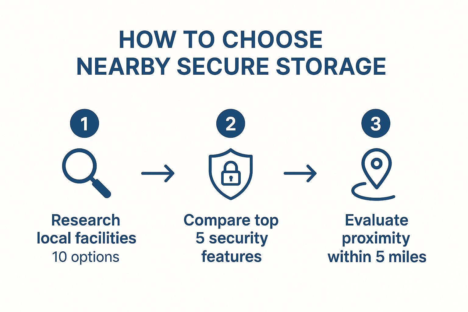 Infographic showing a three-step process for choosing secure storage: Research, Compare Features, and Evaluate Proximity.