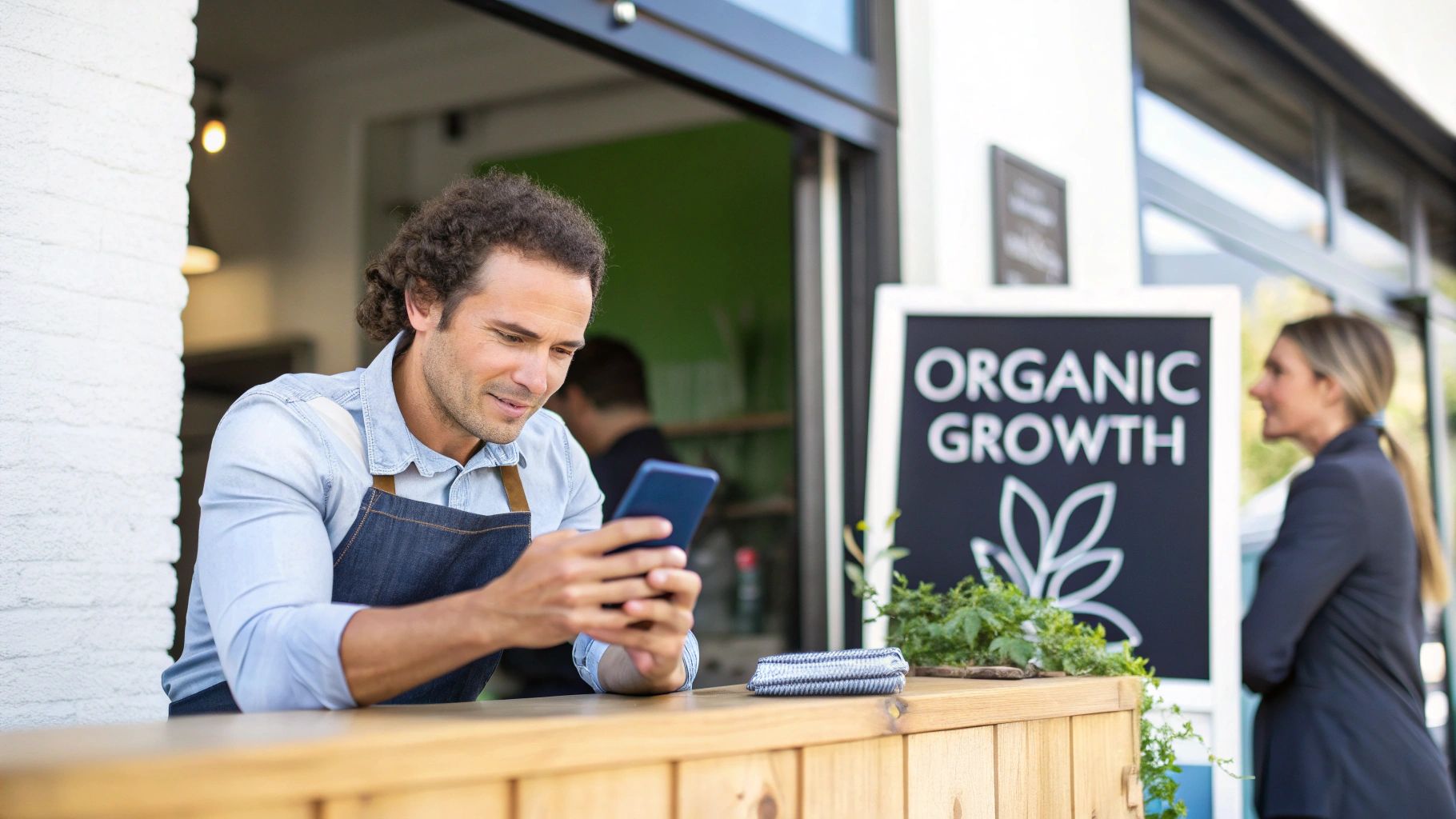 A smiling small business owner in an apron uses his smartphone outside his shop, with an 'Organic Growth' sign nearby.