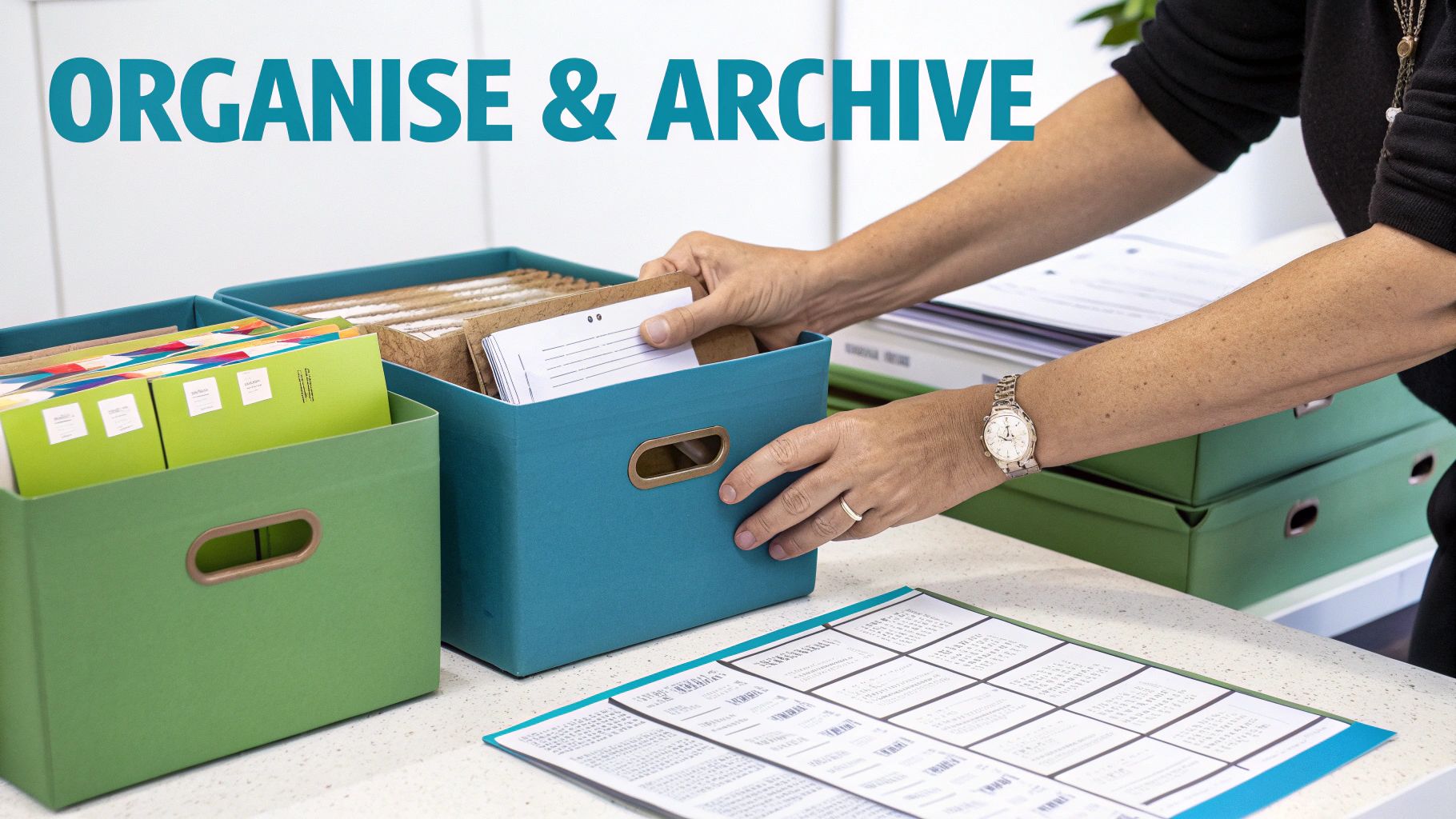 A person organizing documents into blue and green archive boxes on a white counter.