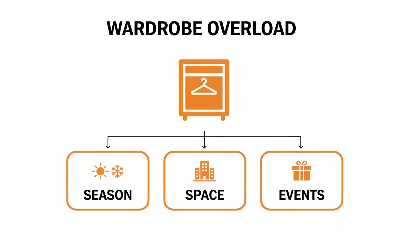 A diagram illustrating wardrobe overload, showing season, space, and events as contributing factors.