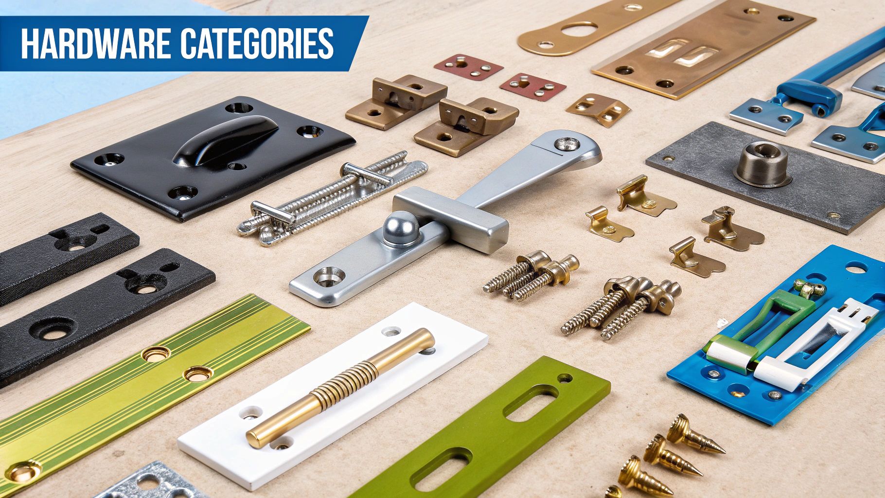 A close-up of various architectural ironmongery components, including stylish door handles, hinges, and locks, neatly arranged.