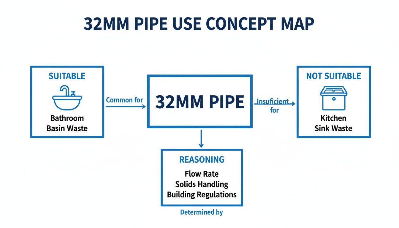 Concept map illustrating the suitable and unsuitable uses of a 32mm pipe for plumbing waste, based on flow rate and regulations.