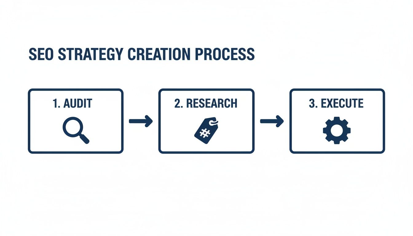 Flowchart illustrating the three-step SEO strategy creation process: Audit, Research, and Execute.