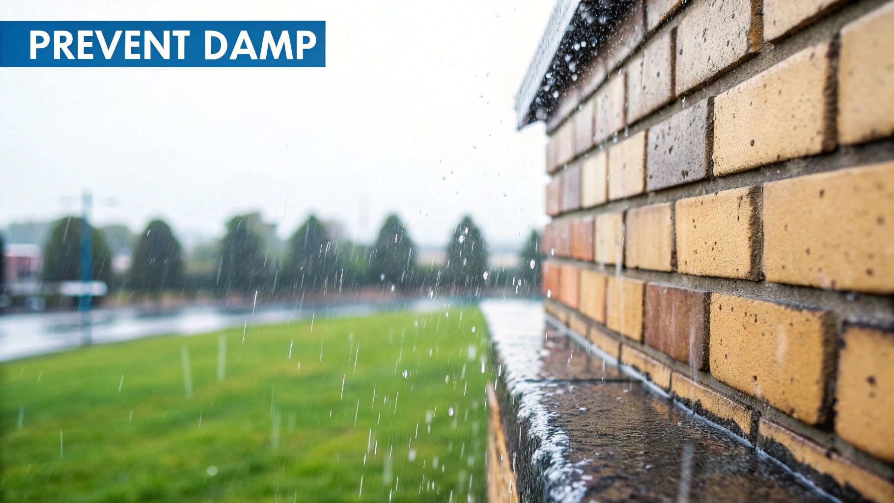 Rain water running down brick wall demonstrating need for proper damp proofing and water sealing