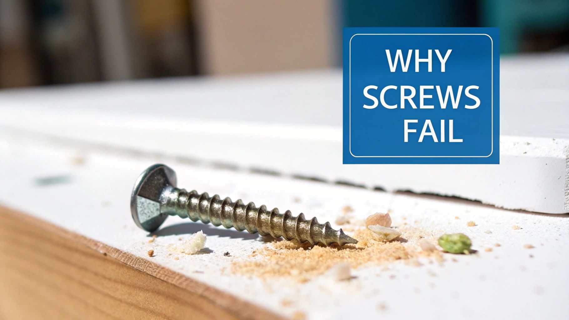 A close-up of a metal screw on a white surface with wood dust, beside a blue sign 'WHY SCREWS FAIL'.