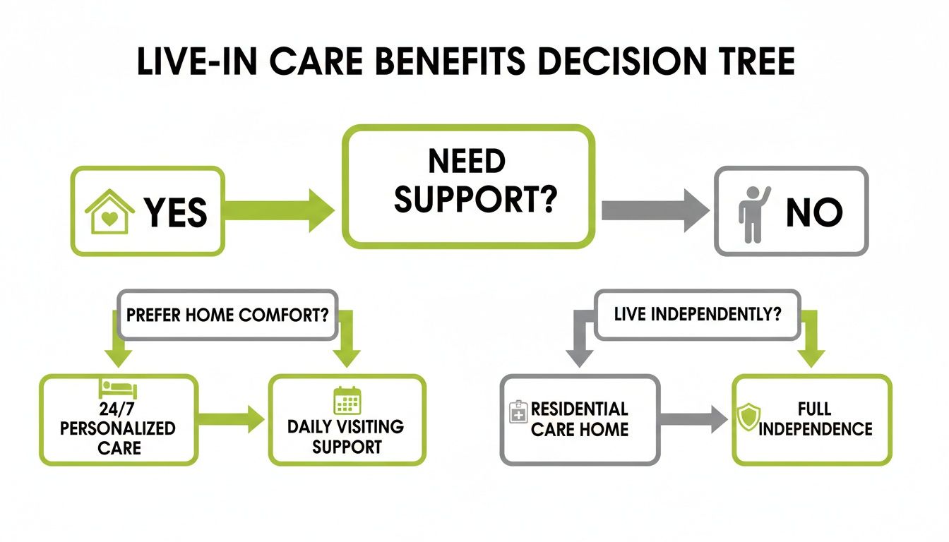 A decision tree illustrating live-in care benefits, guiding choices based on support needs and independence.