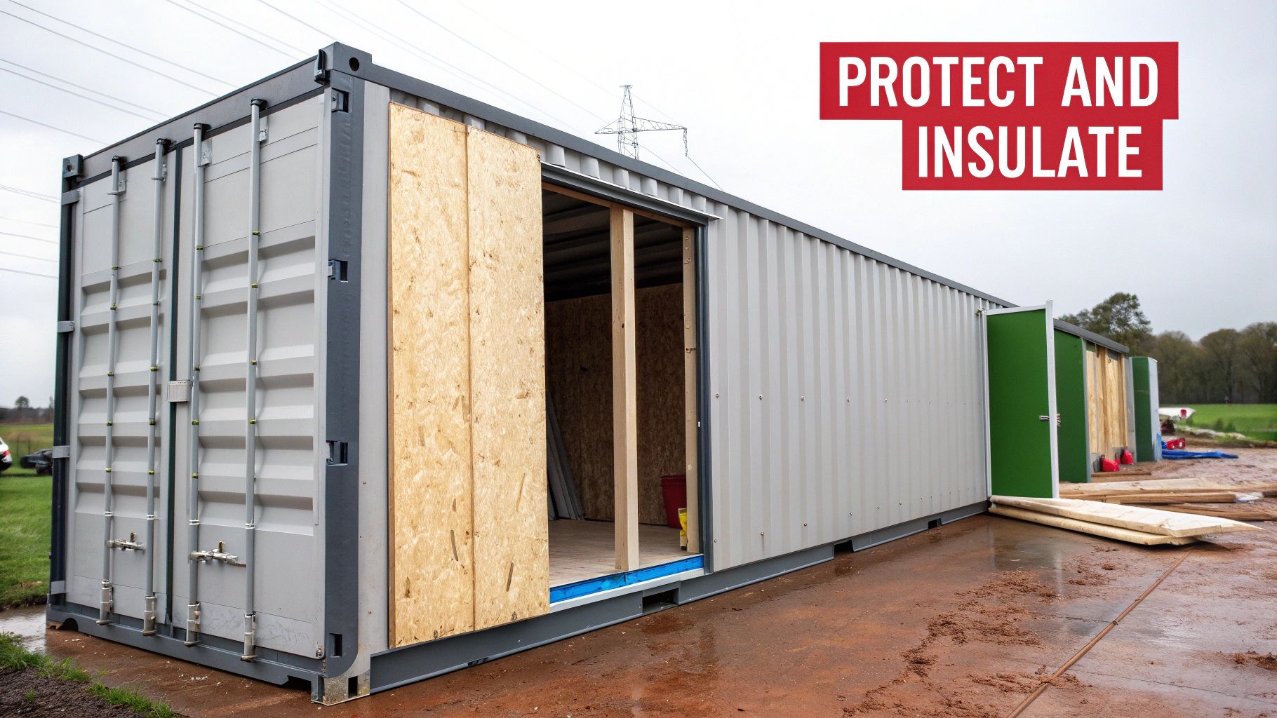 An insulated shipping container conversion project, featuring a new wooden opening and green doors.
