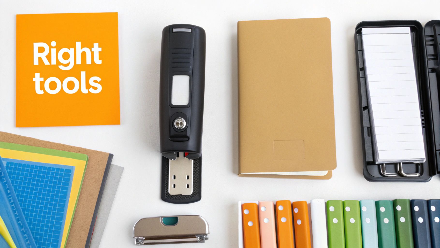 A flat lay of various office supplies including staplers, notebooks, folders, and a 'Right tools' note.