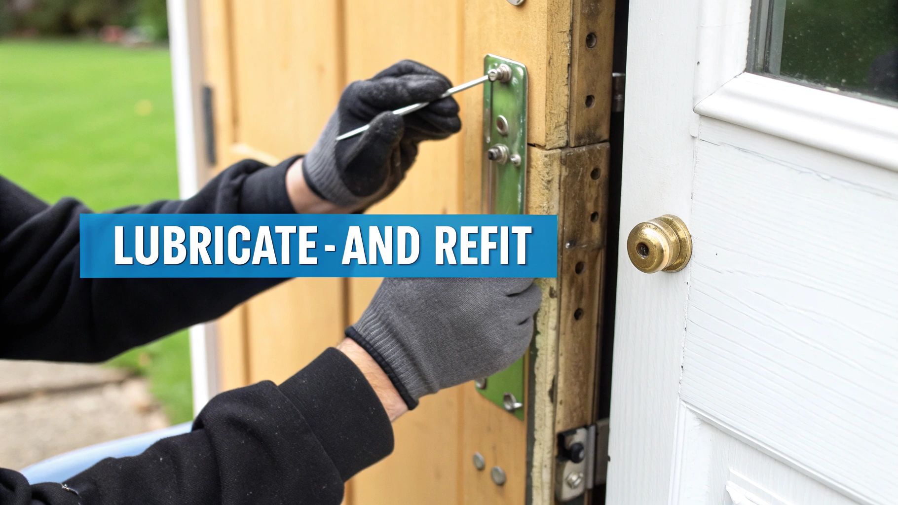 A person applying lubricant to a clean door hinge pin before reassembly.