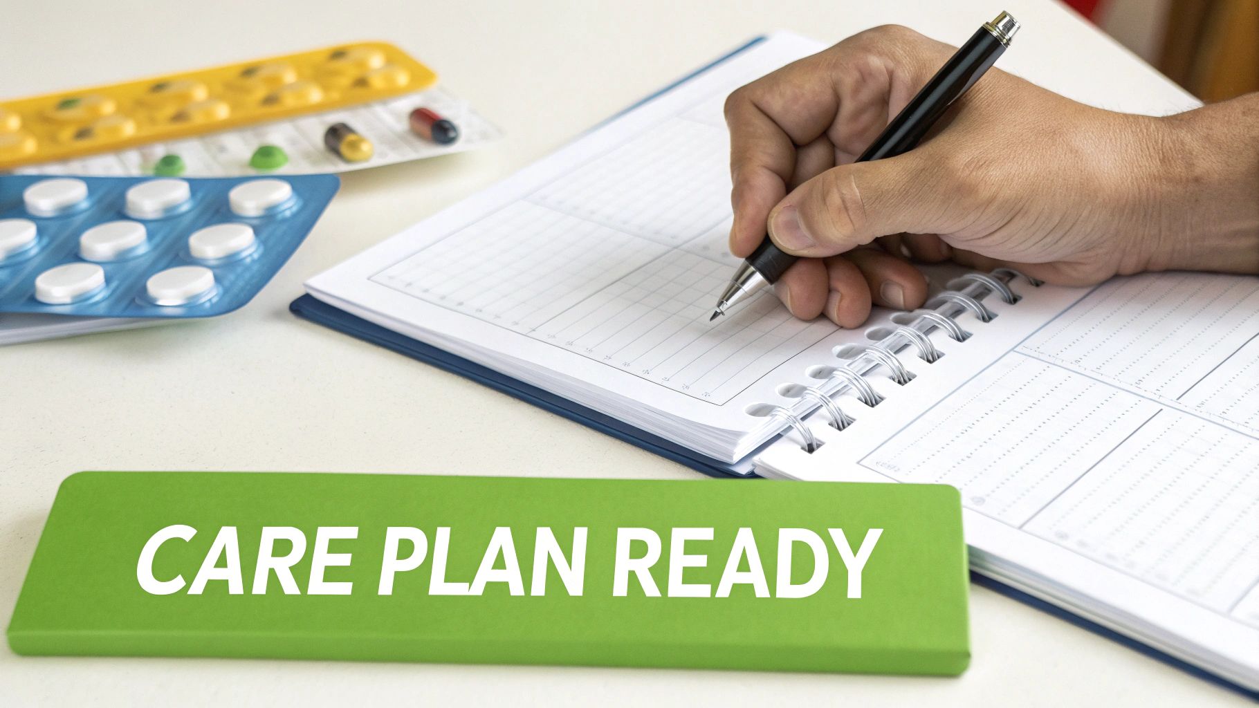Person's hand writing in a medical care planner with medication and a 'CARE PLAN READY' sign.