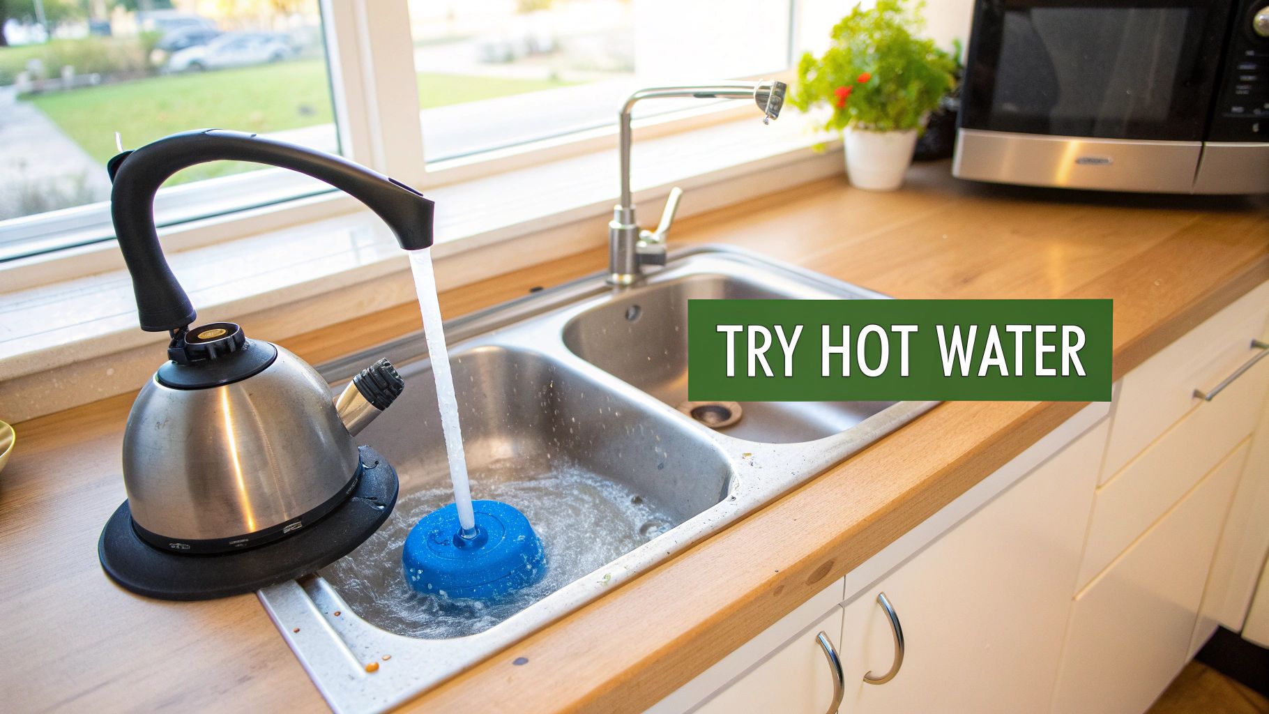A kitchen sink with a blue plunger attempting to unblock a drain, water flowing from the faucet.