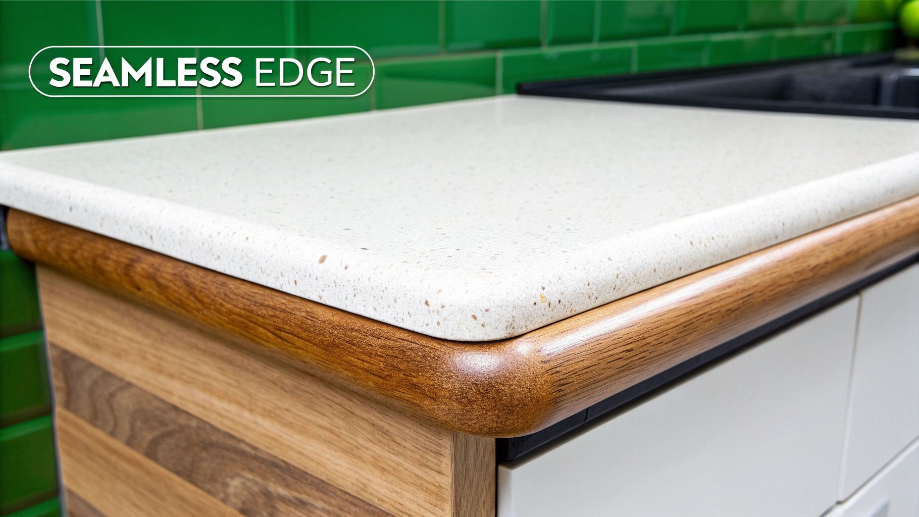 A skilled tradesperson meticulously applying a laminate edging strip to a newly cut kitchen worktop using a hot iron.