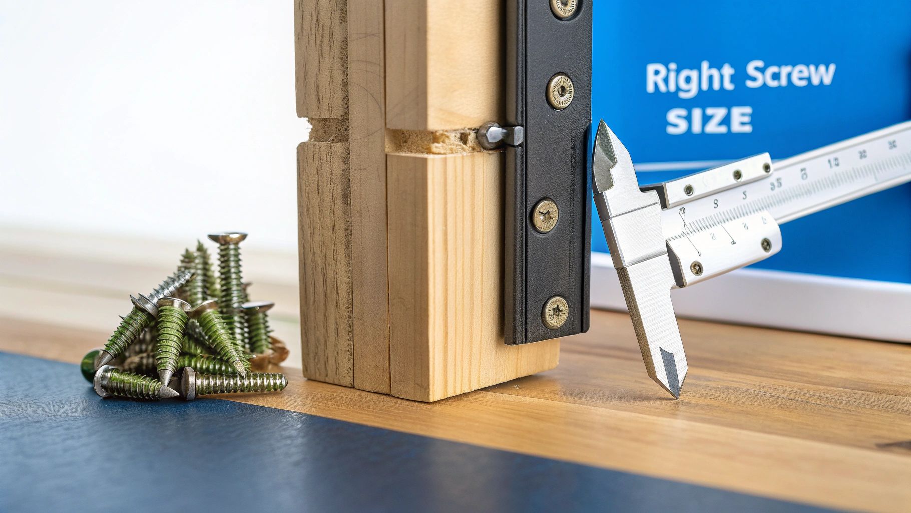 A close-up of a person installing a screw into a door hinge with a screwdriver.
