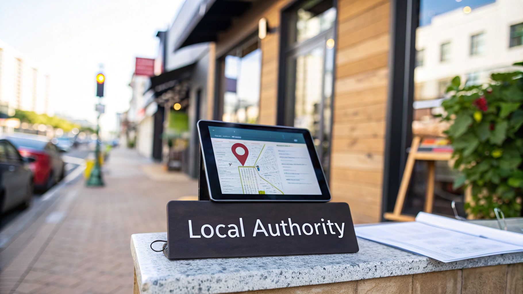 A vibrant local street scene, symbolising the importance of community and local SEO for business authority.