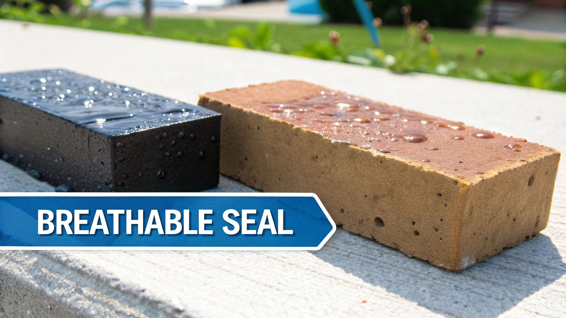 Two bricks with water beads showing breathable seal protection, black and red brick comparison