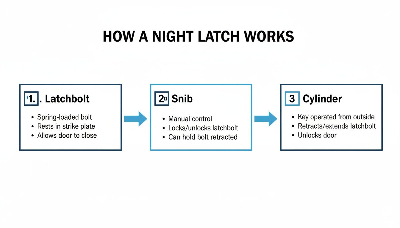 Diagram explaining how a night latch works, detailing its latchbolt, snib, and cylinder components.