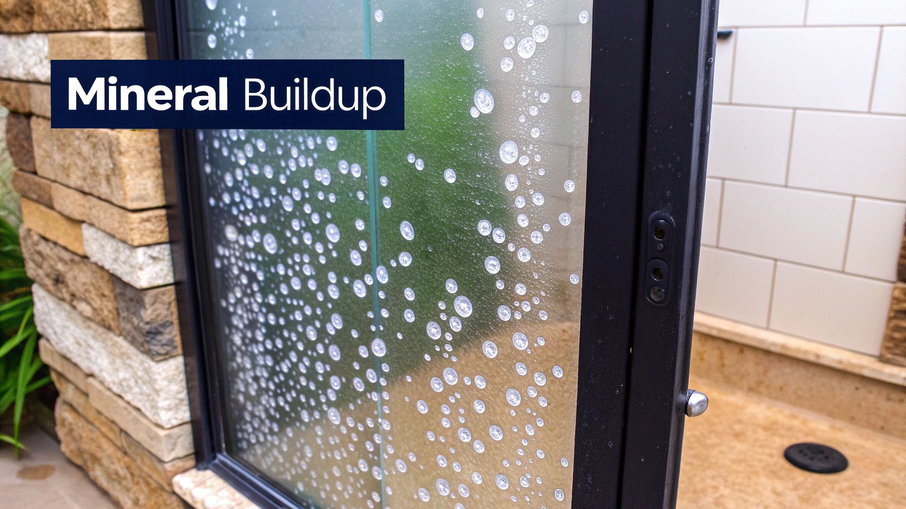 A close-up of stubborn water spots on a glass shower door.