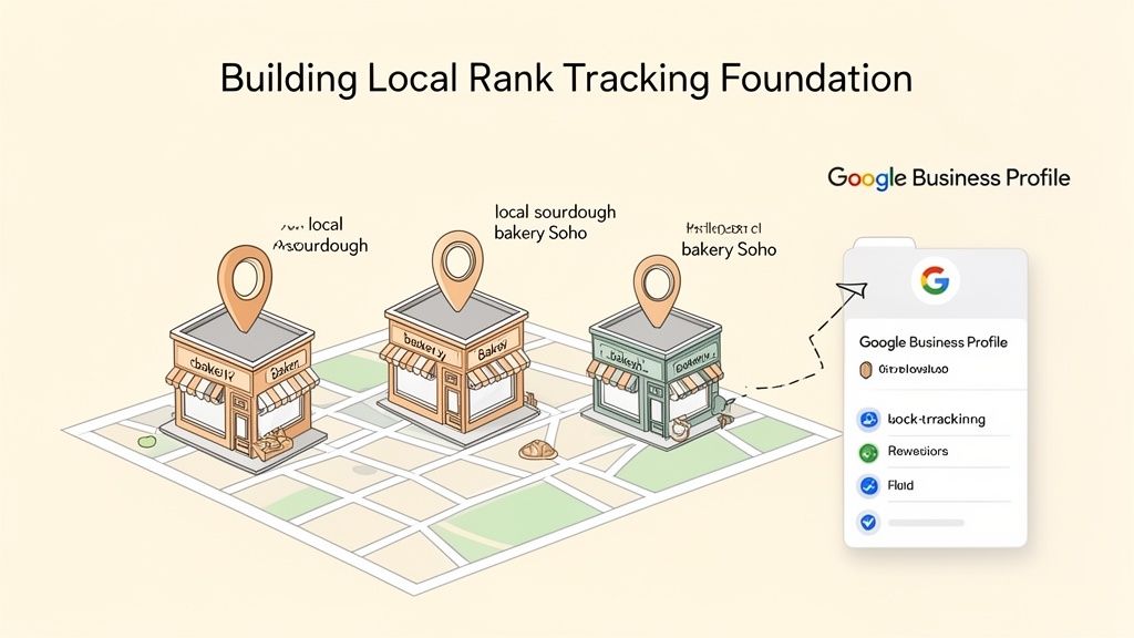 Illustration of three local bakeries on a map, linked to a Google Business Profile for local rank tracking.