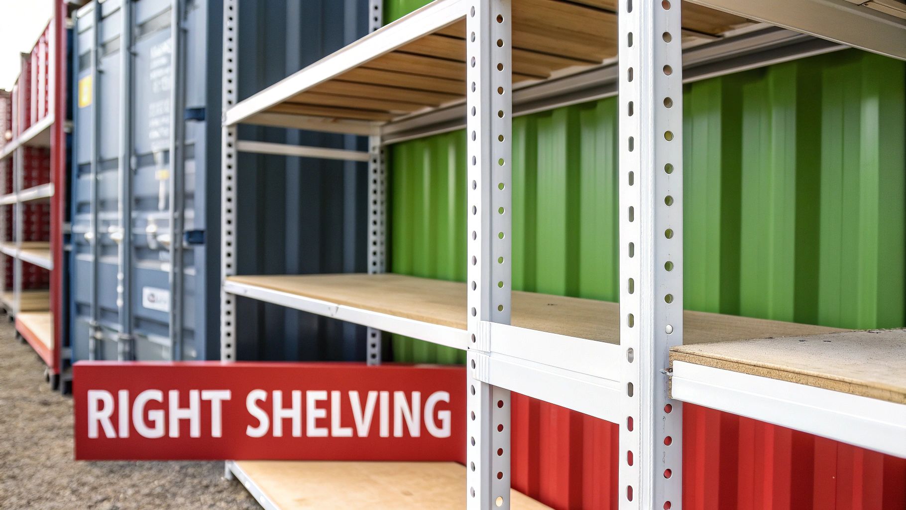 White metal shelving units with wooden shelves in front of colorful steel shipping containers.