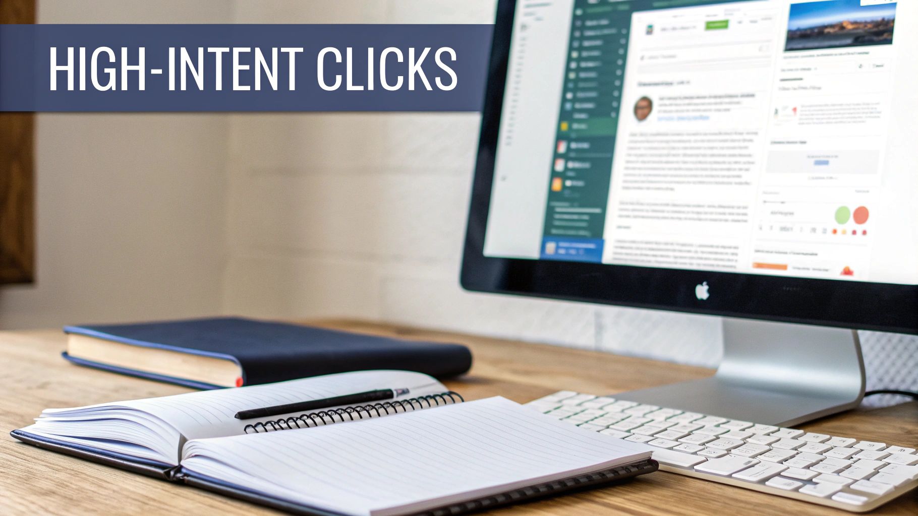 A clean workspace featuring a computer monitor displaying a dashboard, an open notebook, and a keyboard. A banner overlay reads 'HIGH-INTENT CLICKS'.