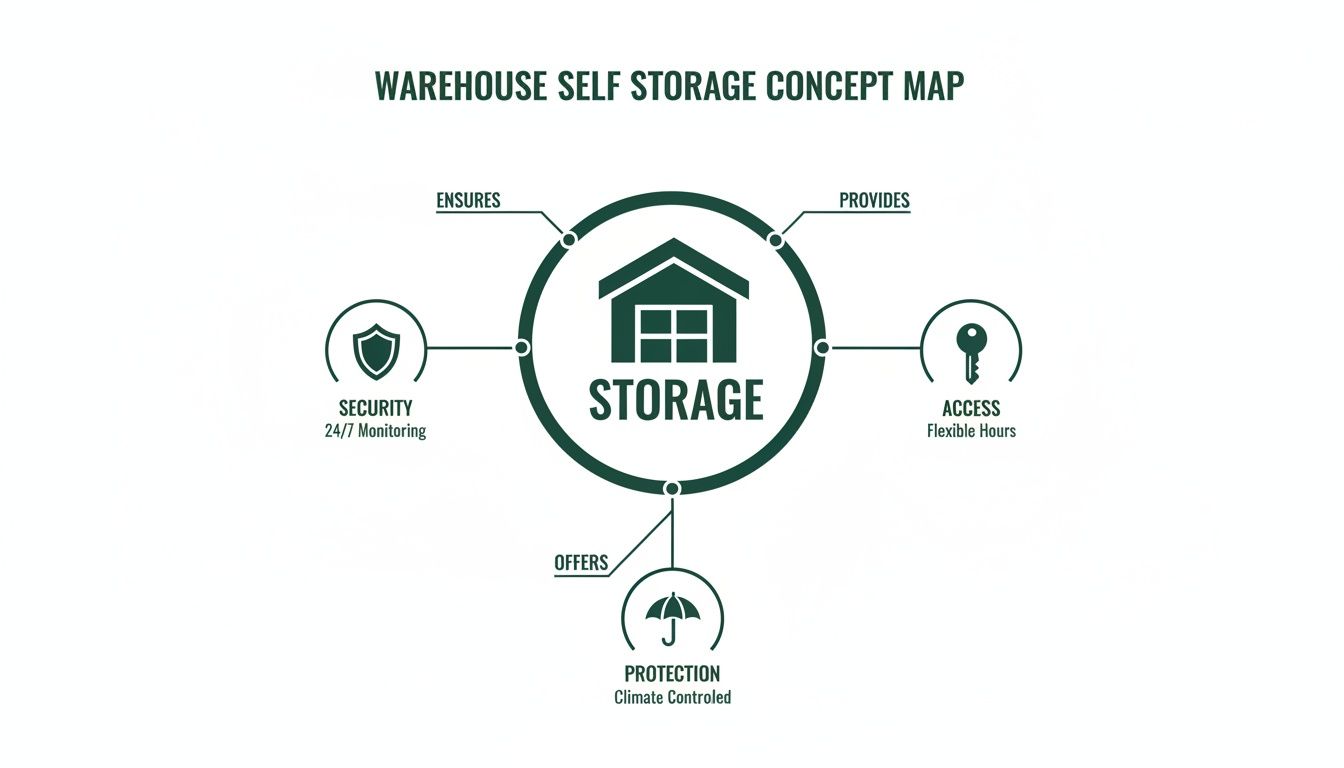 A concept map illustrating warehouse self-storage benefits: security, access, and climate-controlled protection.