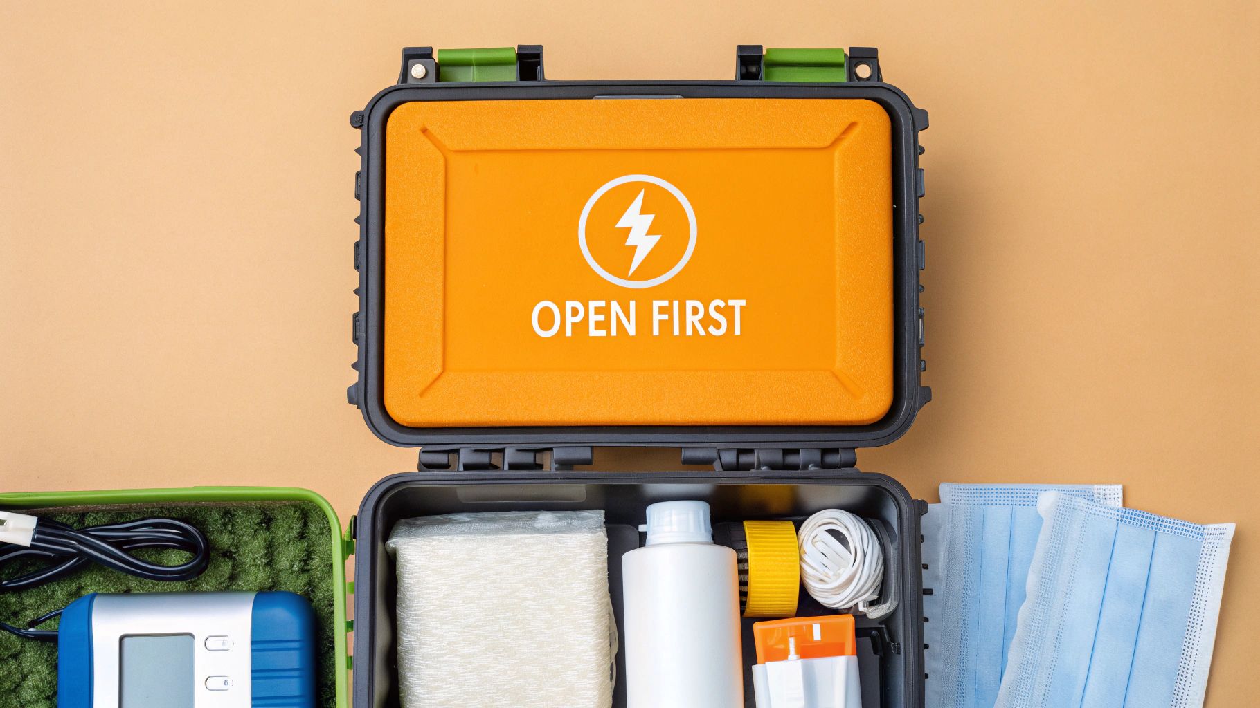 A well-organised essentials box for moving day, including snacks, tape, and tools.
