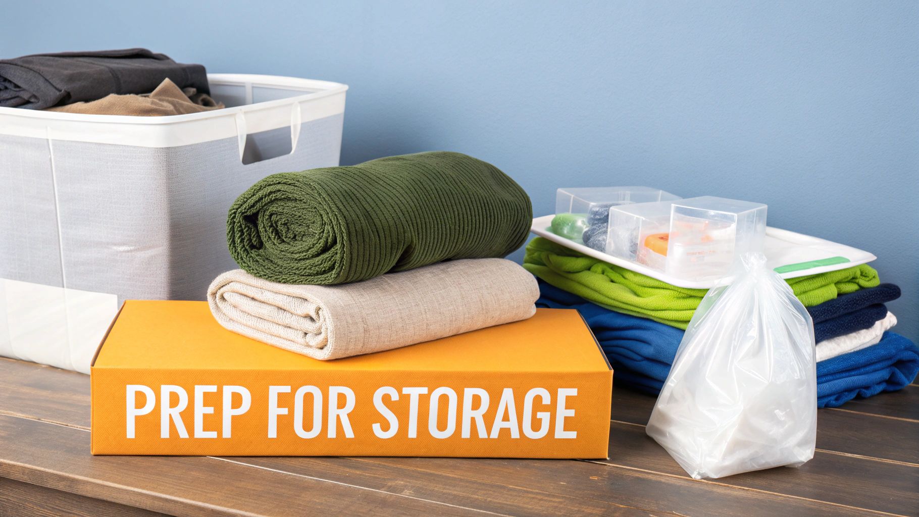 Items like blankets, clothes, and other supplies are neatly organized for storage on a wooden surface.