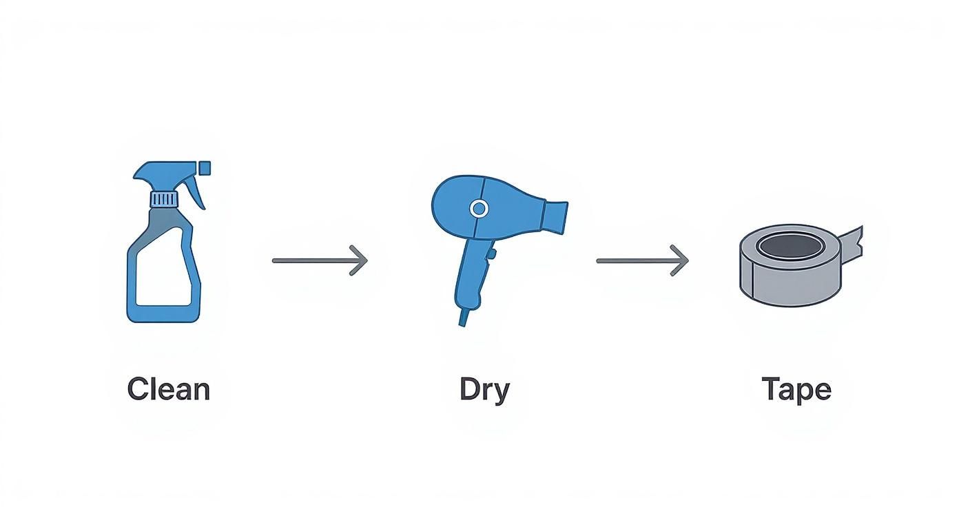 A visual guide illustrating three preparation steps: clean with a spray bottle, dry with a hairdryer, then tape.