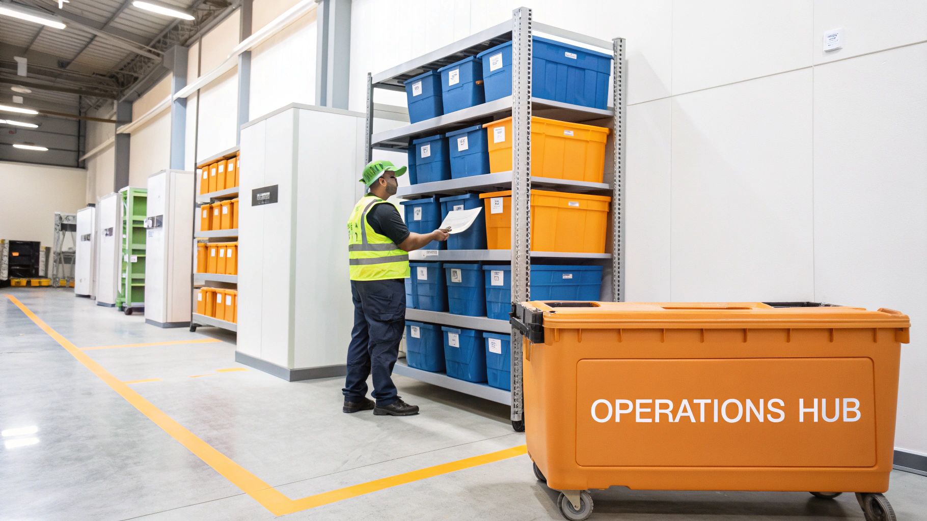 Warehouse worker in safety vest checking inventory on shelves at operations hub facility
