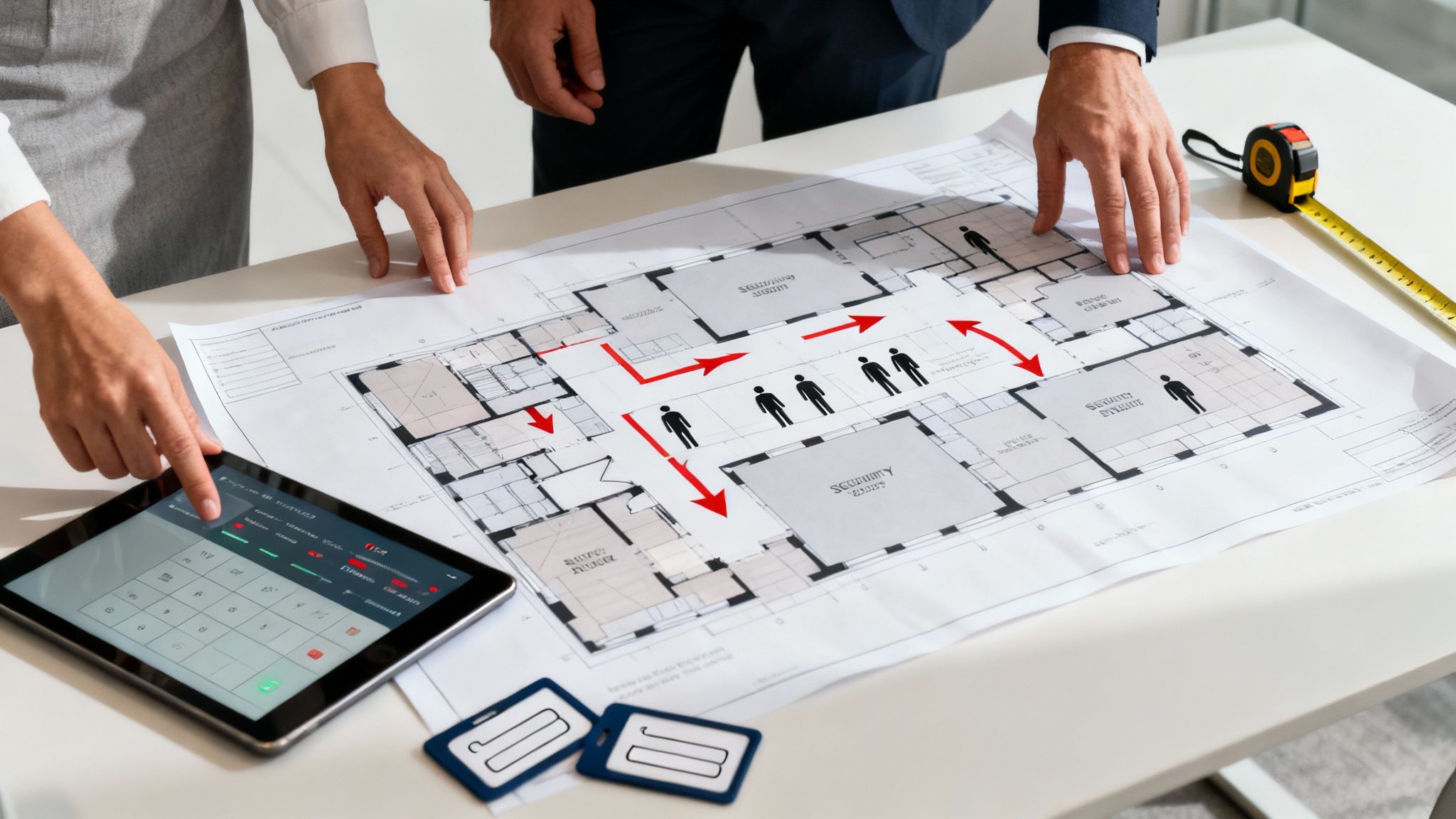Professionals review an access control floor plan with security routes, human icons, and a tablet.