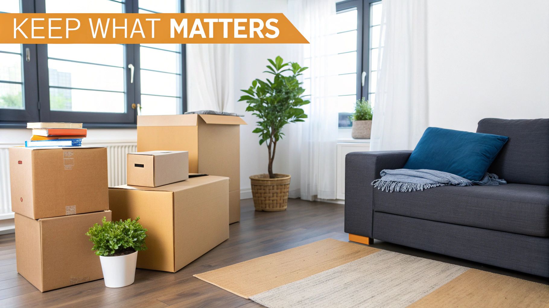 A person sorting through items in cardboard boxes, deciding what to keep and what to donate while decluttering before a house move.