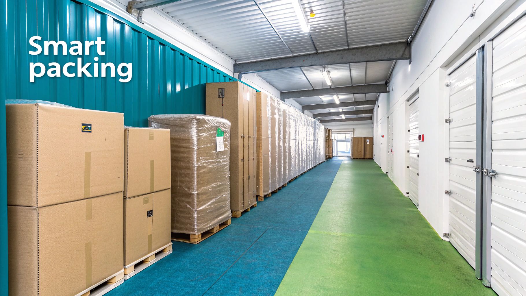 A well-lit, clean storage facility aisle featuring neatly stacked boxes and white storage unit doors.