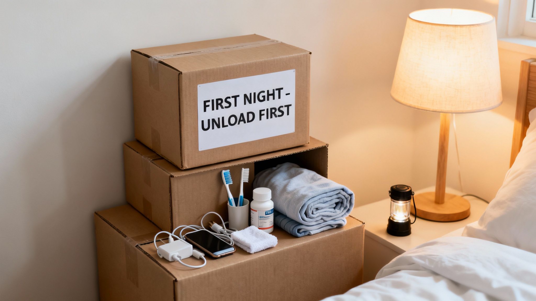 A first night moving box with essentials like toothbrushes, medicine, and a phone next to a bedside lamp.
