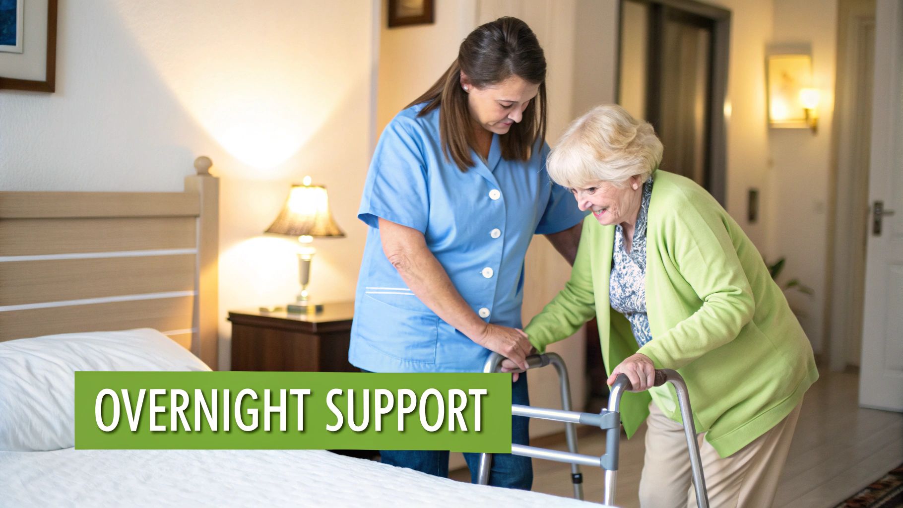 A caregiver assists an elderly woman using a walker in a bedroom, symbolizing overnight support.